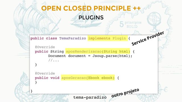 OPEN CLOSED PRINCIPLE ++
PLUGINS
tema-paradizo
Service Provider
outro projeto
