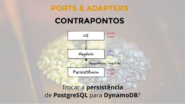 Trocar a persistência
de PostgreSQL para DynamoDB?
PORTS & ADAPTERS
CONTRAPONTOS
