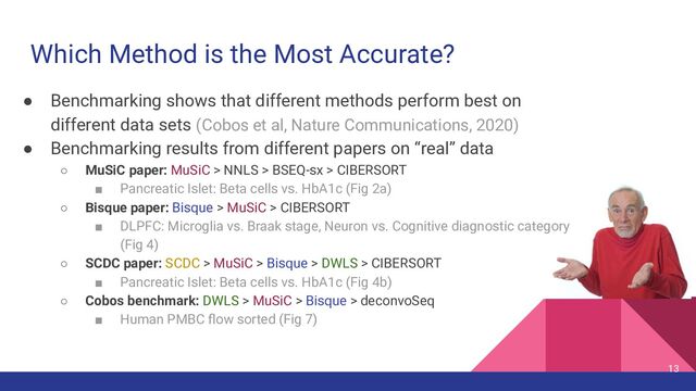 Which Method is the Most Accurate?
● Benchmarking shows that different methods perform best on
different data sets (Cobos et al, Nature Communications, 2020)
● Benchmarking results from different papers on “real” data
○ MuSiC paper: MuSiC > NNLS > BSEQ-sx > CIBERSORT
■ Pancreatic Islet: Beta cells vs. HbA1c (Fig 2a)
○ Bisque paper: Bisque > MuSiC > CIBERSORT
■ DLPFC: Microglia vs. Braak stage, Neuron vs. Cognitive diagnostic category
(Fig 4)
○ SCDC paper: SCDC > MuSiC > Bisque > DWLS > CIBERSORT
■ Pancreatic Islet: Beta cells vs. HbA1c (Fig 4b)
○ Cobos benchmark: DWLS > MuSiC > Bisque > deconvoSeq
■ Human PMBC ﬂow sorted (Fig 7)
13
