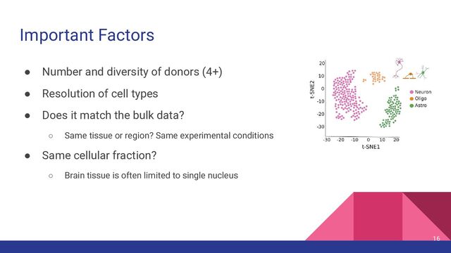 Important Factors
● Number and diversity of donors (4+)
● Resolution of cell types
● Does it match the bulk data?
○ Same tissue or region? Same experimental conditions
● Same cellular fraction?
○ Brain tissue is often limited to single nucleus
16
