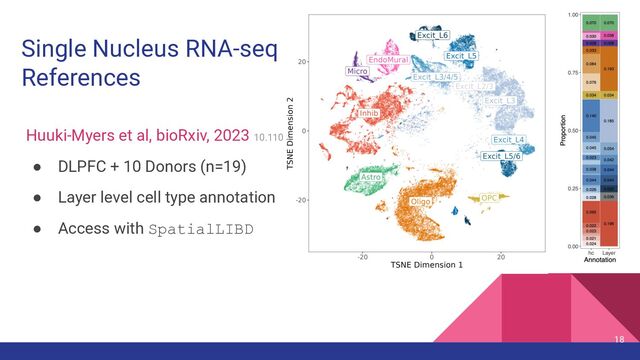 Huuki-Myers et al, bioRxiv, 2023 10.1101/2023.02.15.528722
● DLPFC + 10 Donors (n=19)
● Layer level cell type annotation
● Access with SpatialLIBD
18
Single Nucleus RNA-seq
References
