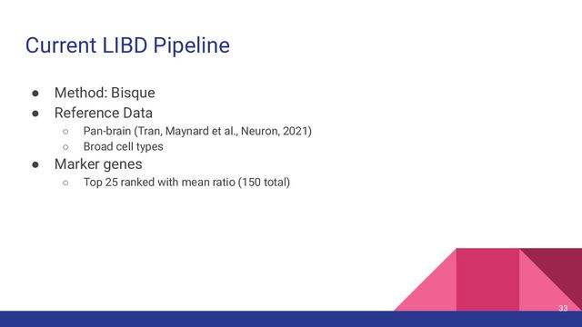 Current LIBD Pipeline
● Method: Bisque
● Reference Data
○ Pan-brain (Tran, Maynard et al., Neuron, 2021)
○ Broad cell types
● Marker genes
○ Top 25 ranked with mean ratio (150 total)
33
