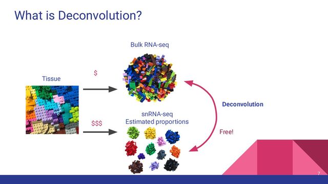 What is Deconvolution?
Tissue
Bulk RNA-seq
snRNA-seq
Estimated proportions
7
Deconvolution
$$$
$
Free!
