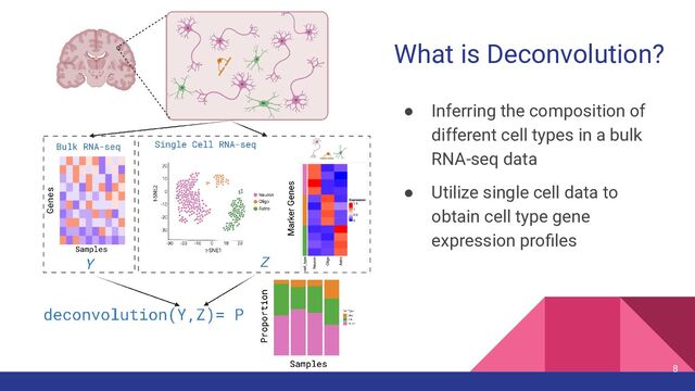 What is Deconvolution?
● Inferring the composition of
different cell types in a bulk
RNA-seq data
● Utilize single cell data to
obtain cell type gene
expression proﬁles
8
