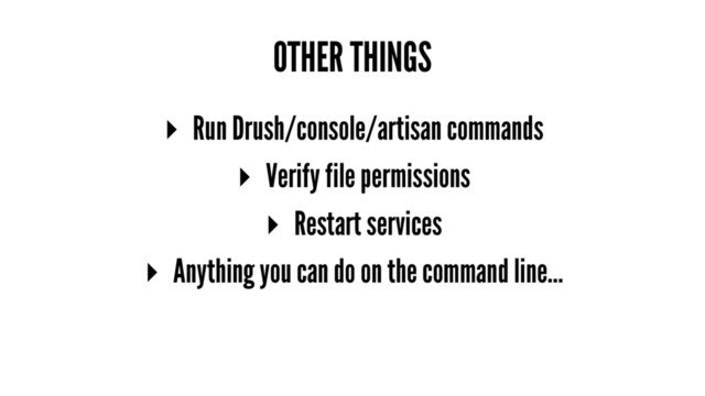 OTHER THINGS
▸ Run Drush/console/artisan commands
▸ Verify file permissions
▸ Restart services
▸ Anything you can do on the command line...
