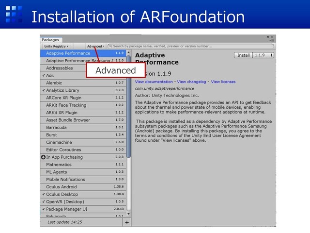 Installation of ARFoundation
Advanced
