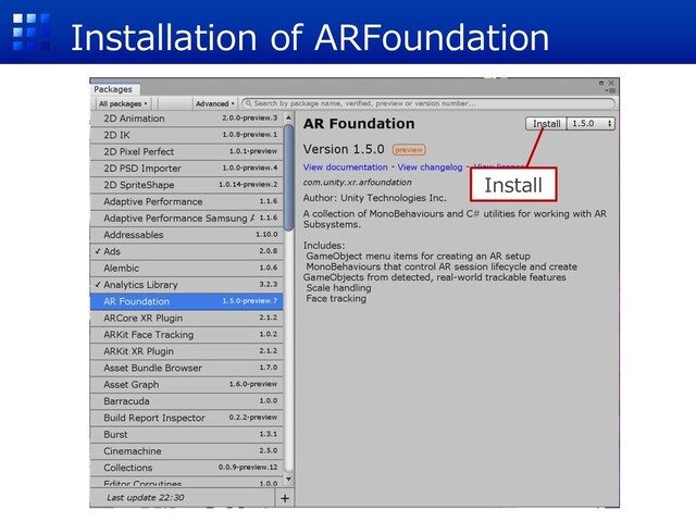 Installation of ARFoundation
Install
