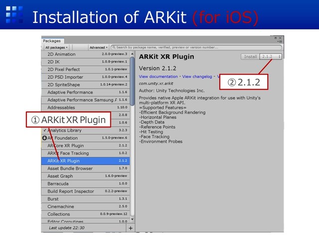 Installation of ARKit (for iOS)
①ARKit XR Plugin
②2.1.2
