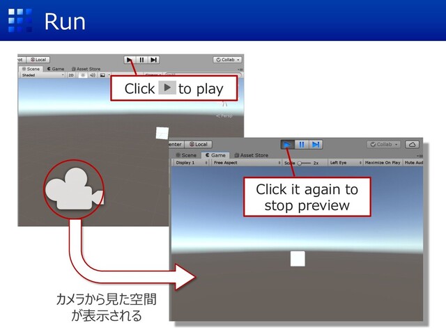 Run
カメラから⾒た空間
が表⽰される
Click to play
Click it again to
stop preview
