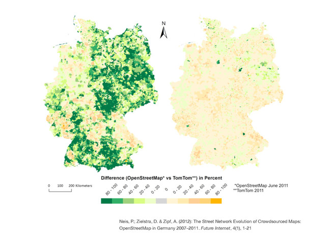 Neis, P.; Zielstra, D. & Zipf, A. (2012): The Street Network Evolution of Crowdsourced Maps:
OpenStreetMap in Germany 2007–2011. Future Internet, 4(1), 1-21

