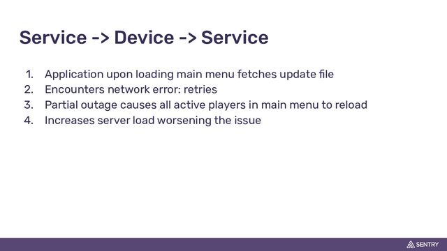 Service -> Device -> Service
1. Application upon loading main menu fetches update ﬁle
2. Encounters network error: retries
3. Partial outage causes all active players in main menu to reload
4. Increases server load worsening the issue
