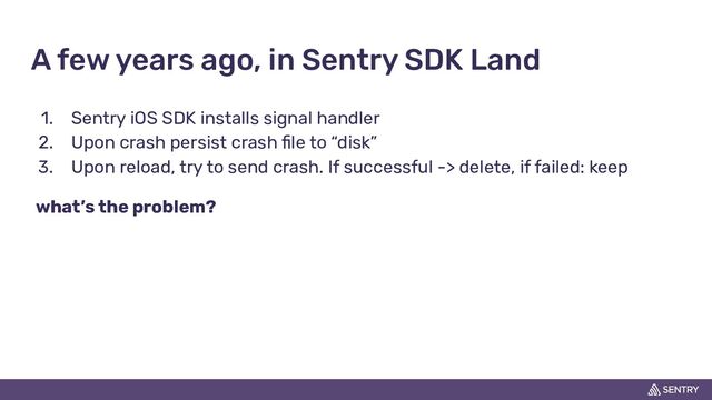 A few years ago, in Sentry SDK Land
1. Sentry iOS SDK installs signal handler
2. Upon crash persist crash ﬁle to “disk”
3. Upon reload, try to send crash. If successful -> delete, if failed: keep
what’s the problem?
