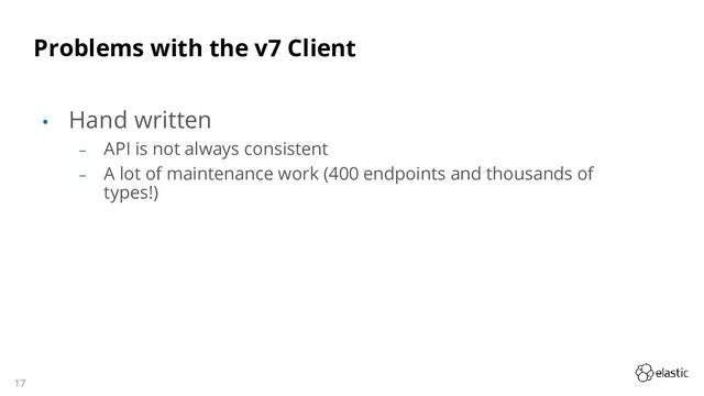 17
Problems with the v7 Client
• Hand written
‒ API is not always consistent
‒ A lot of maintenance work (400 endpoints and thousands of
types!)
