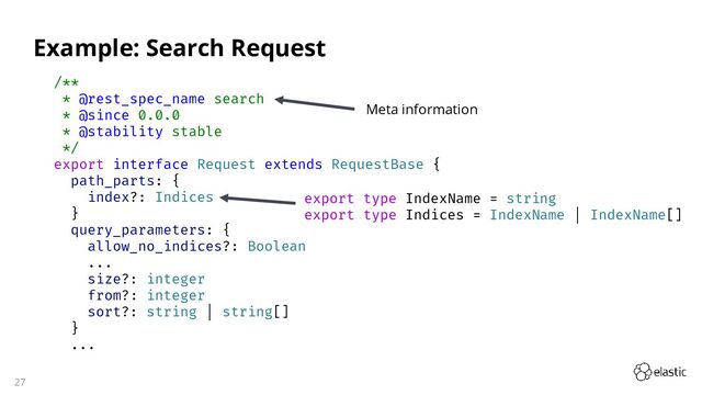 27
Example: Search Request
/**
* @rest_spec_name search
* @since 0.0.0
* @stability stable
*/
export interface Request extends RequestBase {
path_parts: {
index?: Indices
}
query_parameters: {
allow_no_indices?: Boolean
...
size?: integer
from?: integer
sort?: string | string[]
}
...
export type IndexName = string
export type Indices = IndexName | IndexName[]
Meta information

