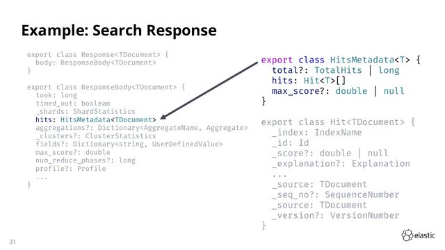 31
export class Response {
body: ResponseBody
}
export class ResponseBody {
took: long
timed_out: boolean
_shards: ShardStatistics
hits: HitsMetadata
aggregations?: Dictionary
_clusters?: ClusterStatistics
fields?: Dictionary
max_score?: double
num_reduce_phases?: long
profile?: Profile
...
}
Example: Search Response
export class HitsMetadata {
total?: TotalHits | long
hits: Hit[]
max_score?: double | null
}
export class Hit {
_index: IndexName
_id: Id
_score?: double | null
_explanation?: Explanation
...
_source: TDocument
_seq_no?: SequenceNumber
_source: TDocument
_version?: VersionNumber
}
