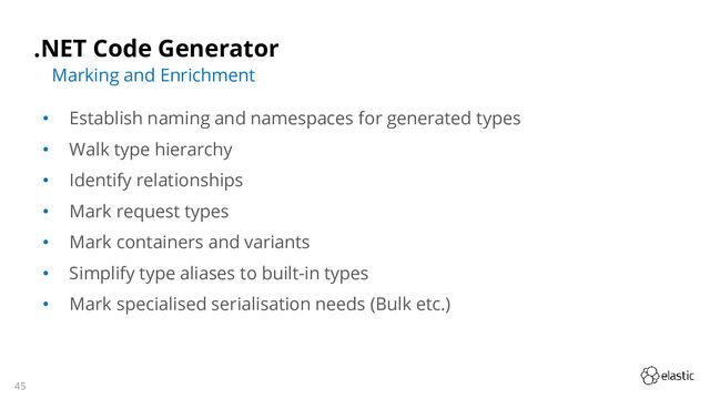 45
.NET Code Generator
• Establish naming and namespaces for generated types
• Walk type hierarchy
• Identify relationships
• Mark request types
• Mark containers and variants
• Simplify type aliases to built-in types
• Mark specialised serialisation needs (Bulk etc.)
Marking and Enrichment
