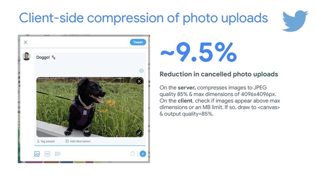 Client-side compression of photo uploads
Reduction in cancelled photo uploads
~9.5%
On the server, compresses images to JPEG
quality 85% & max dimensions of 4096x4096px.
On the client, check if images appear above max
dimensions or an MB limit. If so, draw to 
& output quality=85%.
