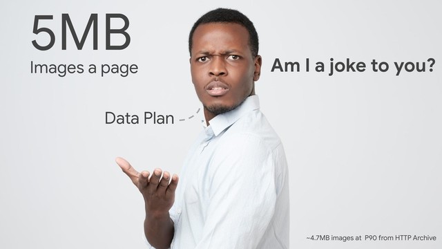Am I a joke to you?
Data Plan
5MB
Images a page
~4.7MB images at P90 from HTTP Archive
