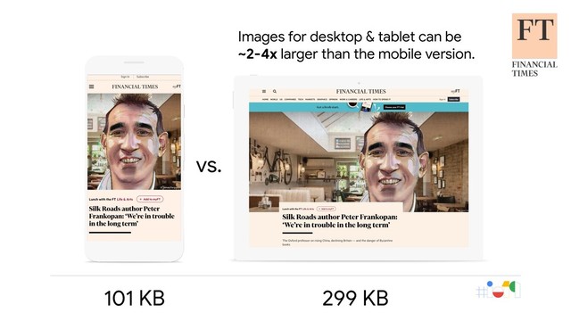 101 KB 299 KB
vs.
Images for desktop & tablet can be
~2-4x larger than the mobile version.
