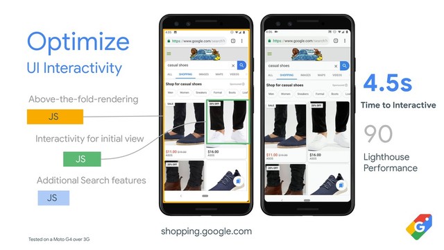 shopping.google.com
Above-the-fold-rendering
Interactivity for initial view
Additional Search features
Optimize
UI Interactivity
JS
JS
JS
Tested on a Moto G4 over 3G
Time to Interactive
4.5s
Lighthouse
Performance
90

