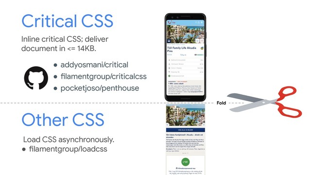 Fold
Inline critical CSS; deliver
document in <= 14KB.
Load CSS asynchronously.
● filamentgroup/loadcss
● addyosmani/critical
● filamentgroup/criticalcss
● pocketjoso/penthouse
Critical CSS
Other CSS
