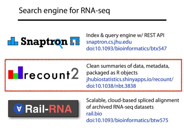 Search engine for RNA-seq
Snaptron Index & query engine w/ REST API
snaptron.cs.jhu.edu
doi:10.1093/bioinformatics/btx547
Clean summaries of data, metadata,
packaged as R objects
jhubiostatistics.shinyapps.io/recount/
doi:10.1038/nbt.3838
Scalable, cloud-based spliced alignment
of archived RNA-seq datasets
rail.bio
doi:10.1093/bioinformatics/btw575
