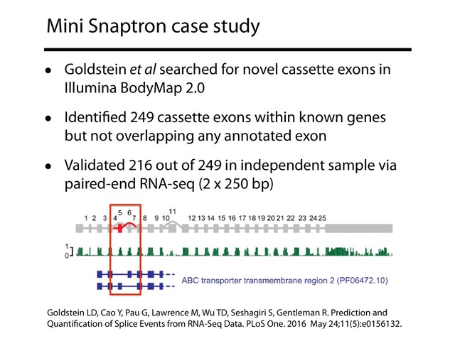 Mini Snaptron case study
• Goldstein et al searched for novel cassette exons in
Illumina BodyMap 2.0
• Identiﬁed 249 cassette exons within known genes
but not overlapping any annotated exon
• Validated 216 out of 249 in independent sample via
paired-end RNA-seq (2 x 250 bp)
Goldstein LD, Cao Y, Pau G, Lawrence M, Wu TD, Seshagiri S, Gentleman R. Prediction and
Quantiﬁcation of Splice Events from RNA-Seq Data. PLoS One. 2016 May 24;11(5):e0156132.
