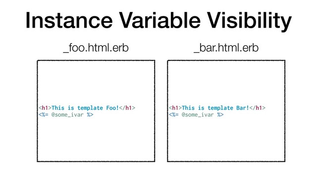 Instance Variable Visibility
<h1>This is template Foo!</h1>
<%= @some_ivar %>
<h1>This is template Bar!</h1>
<%= @some_ivar %>
_foo.html.erb _bar.html.erb
