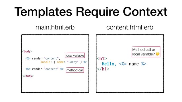 Templates Require Context

<%= render "content",
locals: { name: "Gorby" } %>
<%= render "content" %>

<h1>
Hello, <%= name %>
</h1>
main.html.erb content.html.erb
Method call or
local variable? 
local variable
method call
