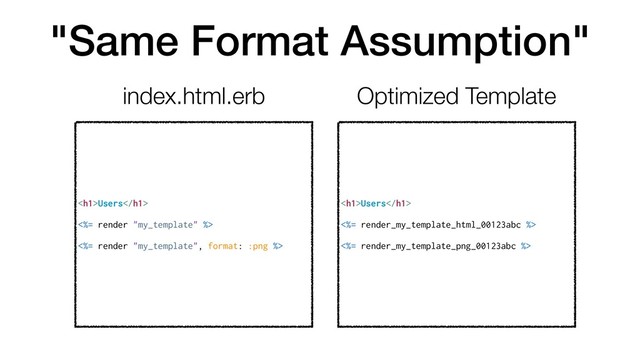 "Same Format Assumption"
<h1>Users</h1>
<%= render "my_template" %>
<%= render "my_template", format: :png %>
<h1>Users</h1>
<%= render_my_template_html_00123abc %>
<%= render_my_template_png_00123abc %>
index.html.erb Optimized Template
