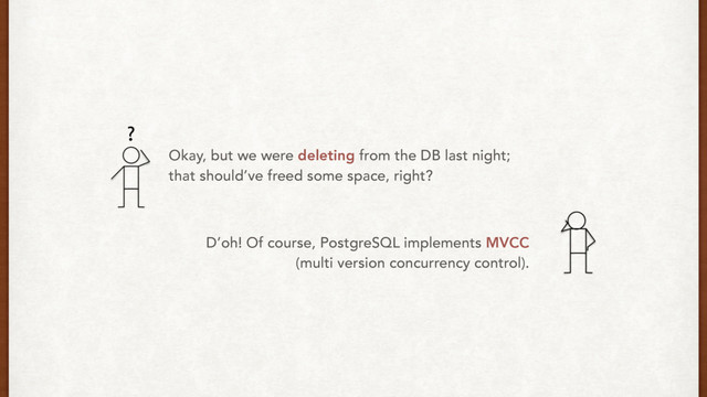 Okay, but we were deleting from the DB last night;
that should’ve freed some space, right?
D’oh! Of course, PostgreSQL implements MVCC
(multi version concurrency control).
