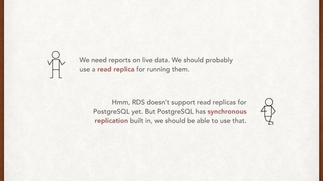 We need reports on live data. We should probably
use a read replica for running them.
Hmm, RDS doesn’t support read replicas for
PostgreSQL yet. But PostgreSQL has synchronous
replication built in, we should be able to use that.
