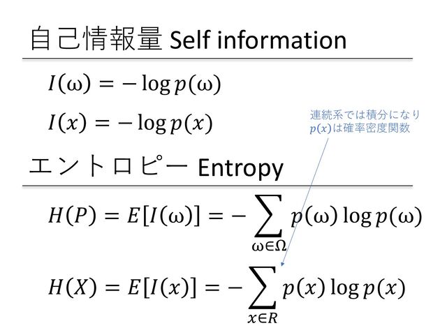 エントロピー Entropy
⾃⼰情報量 Self information
𝐻 𝑃 = 𝐸 𝐼 ω = − :
#∈%
𝑝 ω log 𝑝(ω)
𝐻 𝑋 = 𝐸 𝐼 𝑥 = − :
&∈'
𝑝 𝑥 log 𝑝(𝑥)
𝐼 ω = − log 𝑝(ω)
𝐼 𝑥 = − log 𝑝(𝑥) 連続系では積分になり
𝑝 𝑥 は確率密度関数
