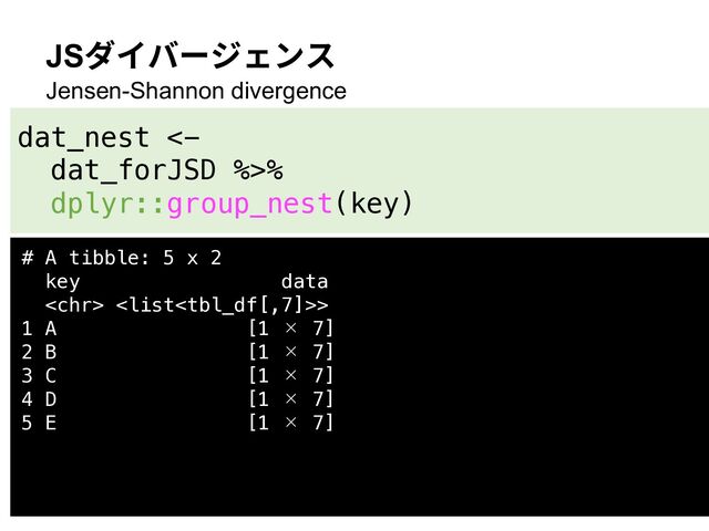 JSダイバージェンス
Jensen-Shannon divergence
dat_nest <-
dat_forJSD %>%
dplyr::group_nest(key)
# A tibble: 5 x 2
key data
 >
1 A [1 × 7]
2 B [1 × 7]
3 C [1 × 7]
4 D [1 × 7]
5 E [1 × 7]
