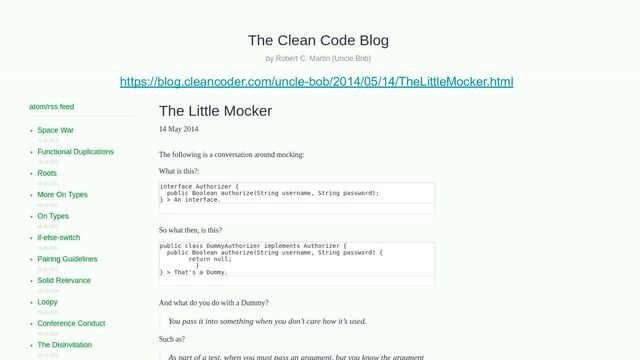 Mocks, stubs, fake, spies
https://blog.cleancoder.com/uncle-bob/2014/05/14/TheLittleMocker.html
