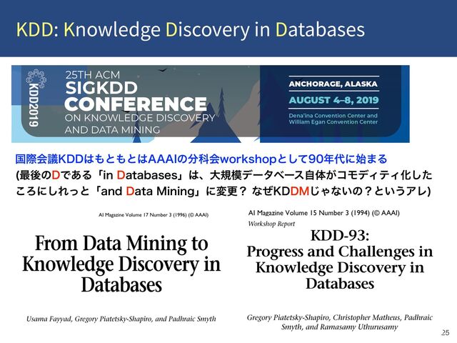 KDD: Knowledge Discovery in Databases
!25
ࠃࡍձٞ,%%͸΋ͱ΋ͱ͸"""*ͷ෼ՊձXPSLTIPQͱͯ͠೥୅ʹ࢝·Δ 
࠷ޙͷ%Ͱ͋ΔʮJO%BUBCBTFTʯ͸ɺେن໛σʔλϕʔεࣗମ͕ίϞσΟςΟԽͨ͠ 
͜Ζʹ͠ΕͬͱʮBOE%BUB.JOJOHʯʹมߋʁͳͥ,%%.͡Όͳ͍ͷʁͱ͍͏ΞϨ

