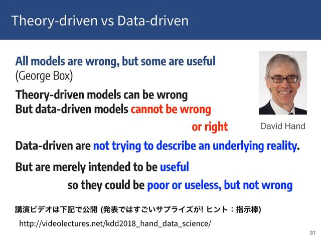 Theory-driven vs Data-driven
!31
David Hand
All models are wrong, but some are useful
(George Box)
Theory-driven models can be wrong
But data-driven models cannot be wrong
or right
Data-driven are not trying to describe an underlying reality.
so they could be poor or useless, but not wrong
But are merely intended to be useful
http://videolectures.net/kdd2018_hand_data_science/
ߨԋϏσΦ͸ԼهͰެ։ ൃදͰ͸͍͢͝αϓϥΠζ͕ώϯτɿࢦࣔ๮


