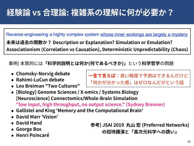 vs :
!35
Chomsky-Norvig debate
Rahimi-LuCun debate
Leo Breiman "Two Cultures"
[Biology] Genome Sciences / X-omics / Systems Biology  
[Neuroscience] Connectomics/Whole-Brain Simulation 
"low input, high throughput, no output science." (Sydney Brenner)
Gallistel and King 'Memory and the Computational Brain'
David Marr 'Vision'
David Hand
George Box
Henri Poincaré
) ( )
Description or Explanation? Simulation or Emulation?
Reverse-engineering a highly complex system whose inner workings are largely a mystery.
Associationism (Correlation vs Causation), Deterministic Unpredictability (Chaos)
) JSAI 2019 (Preferred Networks) 
 

