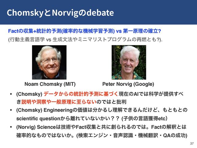 Chomsky Norvig debate
!37
Peter Norvig (Google)
Noam Chomsky (MIT)
• (Chomsky) σʔλ͔Βͷ౷ܭత༧ଌʹجͮ͘ݱࡏͷAIͰ͸Պֶ͕ఏڙ͢΂
͖આ໌΍ಎ࡯΍ҰൠݪཧʹࢸΒͳ͍ͷͰ͸ͱ൷൑
• (Chomsky) EngineeringͷՁ஋͸෼͔Δ͠ཧղͰ͖ΔΜ͚ͩͲɺ΋ͱ΋ͱͷ
scientiﬁc question͔Β཭Ε͍ͯͳ͍͔͍ʁʁ (ࢠڙͷݴޠ֫ಘetcʣ
• (Norvig) Science͸ٕज़΍Factऩूͱڞʹ૑ΒΕΔͷͰ͸ɻFactͷղऍͱ͸
֬཰తͳ΋ͷͰ͸ͳ͍͔ɻ(ݕࡧΤϯδϯɾԻ੠ೝࣝɾػց຋༁ɾQAͷ੒ޭ)
Factͷऩू+౷ܭత༧ଌ(֬཰తͳػցֶश༧ଌ) vs ୈҰݪཧͷཱ֬? 
(ߦಈओٛݴޠֶ vs ੜ੒จ๏΍ϛχϚϦετϓϩάϥϜͷ࠶೩ͱ΋?).
