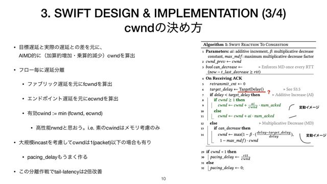 3. SWIFT DESIGN & IMPLEMENTATION (3/4)


cwndͷܾΊํ
10
• ໨ඪ஗Ԇͱ࣮ࡍͷ஗ԆͱͷࠩΛݩʹɺ 
AIMDతʹʢՃࢉత૿Ճɾ৐ࢉతݮগʣcwndΛࢉग़

• ϑϩʔຖʹ஗Ԇ෼཭

• ϑΝϒϦοΫ஗ԆΛݩʹfcwndΛࢉग़

• ΤϯυϙΠϯτ஗ԆΛݩʹecwndΛࢉग़

• ༗ޮcwind := min (fcwnd, ecwnd) 

• ߴੑೳrwndͱࢥ͓͏ɻi.e. ૉͷcwind͸ϝϞϦߟྀͷΈ

• େن໛incastΛߟྀͯ͠cwnd͸1(packet)ҎԼͷ৔߹΋༗Γ

• pacing_delay΋͏·͘࡞Δ

• ͜ͷ෼཭࡞ઓͰtail-latency͸2ഒվળ
?
มಈΠϝʔδ
มಈΠϝʔδ

