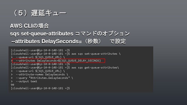 AWS CLIの場合
sqs set-queue-attributes コマンドのオプション
--attributes DelaySeconds=（秒数） で設定
（５）遅延キュー
