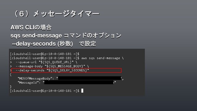 AWS CLIの場合
sqs send-message コマンドのオプション
--delay-seconds (秒数) で設定
（６）メッセージタイマー
