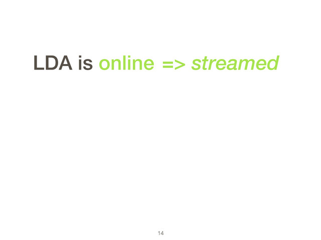 14
LDA is online => streamed
