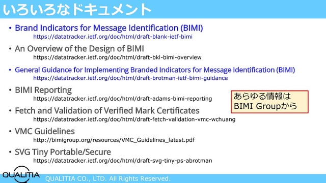 QUALITIA CO., LTD. All Rights Reserved.
いろいろなドキュメント
• Brand Indicators for Message Identification (BIMI)
https://datatracker.ietf.org/doc/html/draft-blank-ietf-bimi
• An Overview of the Design of BIMI
https://datatracker.ietf.org/doc/html/draft-bkl-bimi-overview
• General Guidance for Implementing Branded Indicators for Message Identification (BIMI)
https://datatracker.ietf.org/doc/html/draft-brotman-ietf-bimi-guidance
• BIMI Reporting
https://datatracker.ietf.org/doc/html/draft-adams-bimi-reporting
• Fetch and Validation of Verified Mark Certificates
https://datatracker.ietf.org/doc/html/draft-fetch-validation-vmc-wchuang
• VMC Guidelines
http://bimigroup.org/resources/VMC_Guidelines_latest.pdf
• SVG Tiny Portable/Secure
https://datatracker.ietf.org/doc/html/draft-svg-tiny-ps-abrotman
あらゆる情報は
BIMI Groupから

