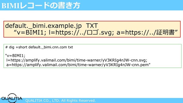 QUALITIA CO., LTD. All Rights Reserved.
BIMIレコードの書き方
default._bimi.example.jp TXT
“v=BIMI1; l=https://../ロゴ.svg; a=https://../証明書”
# dig +short default._bimi.cnn.com txt
"v=BIMI1;
l=https://amplify.valimail.com/bimi/time-warner/yV3KRIg4nJW-cnn.svg;
a=https://amplify.valimail.com/bimi/time-warner/yV3KRIg4nJW-cnn.pem"
