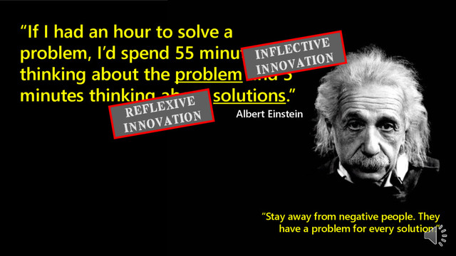 “If I had an hour to solve a
problem, I’d spend 55 minutes
thinking about the problem and 5
minutes thinking about solutions.”
“Stay away from negative people. They
have a problem for every solution.”
Albert Einstein
