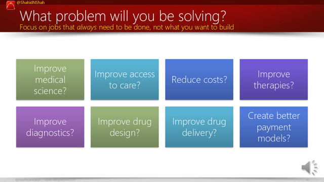 @ShahidNShah
46
@HealthcareGuys www.netspective.com
What problem will you be solving?
Improve
medical
science?
Improve access
to care?
Reduce costs?
Improve
therapies?
Improve
diagnostics?
Improve drug
design?
Improve drug
delivery?
Create better
payment
models?
Focus on jobs that always need to be done, not what you want to build
