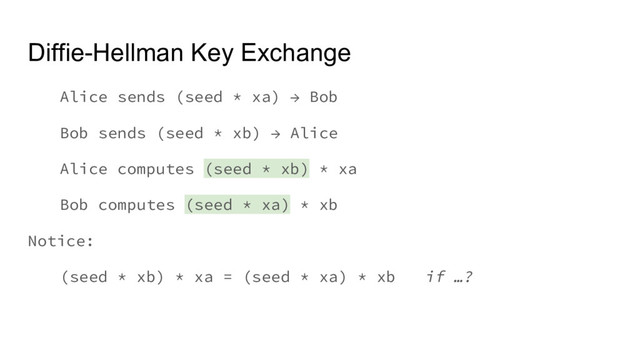 Diffie-Hellman Key Exchange
Alice sends (seed * xa) → Bob
Bob sends (seed * xb) → Alice
Alice computes (seed * xb) * xa
Bob computes (seed * xa) * xb
Notice:
(seed * xb) * xa = (seed * xa) * xb if …?
