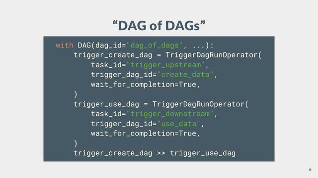 “DAG of DAGs”
with DAG(dag_id="dag_of_dags", ...):
trigger_create_dag = TriggerDagRunOperator(
task_id="trigger_upstream",
trigger_dag_id="create_data",
wait_for_completion=True,
)
trigger_use_dag = TriggerDagRunOperator(
task_id="trigger_downstream",
trigger_dag_id="use_data",
wait_for_completion=True,
)
trigger_create_dag >> trigger_use_dag
6
