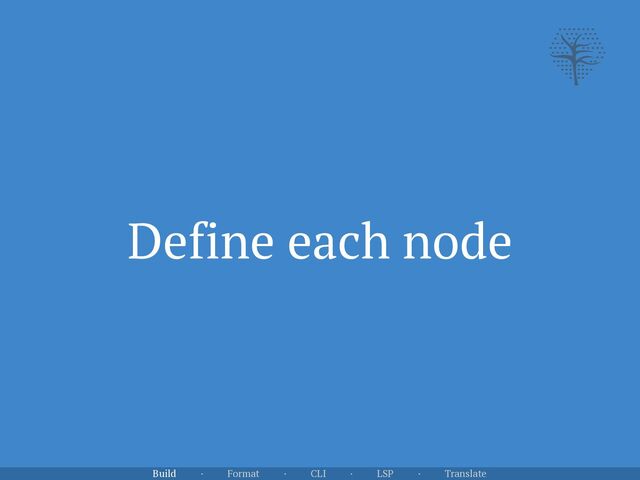 Define each node
Build · Format · CLI · LSP · Translate
